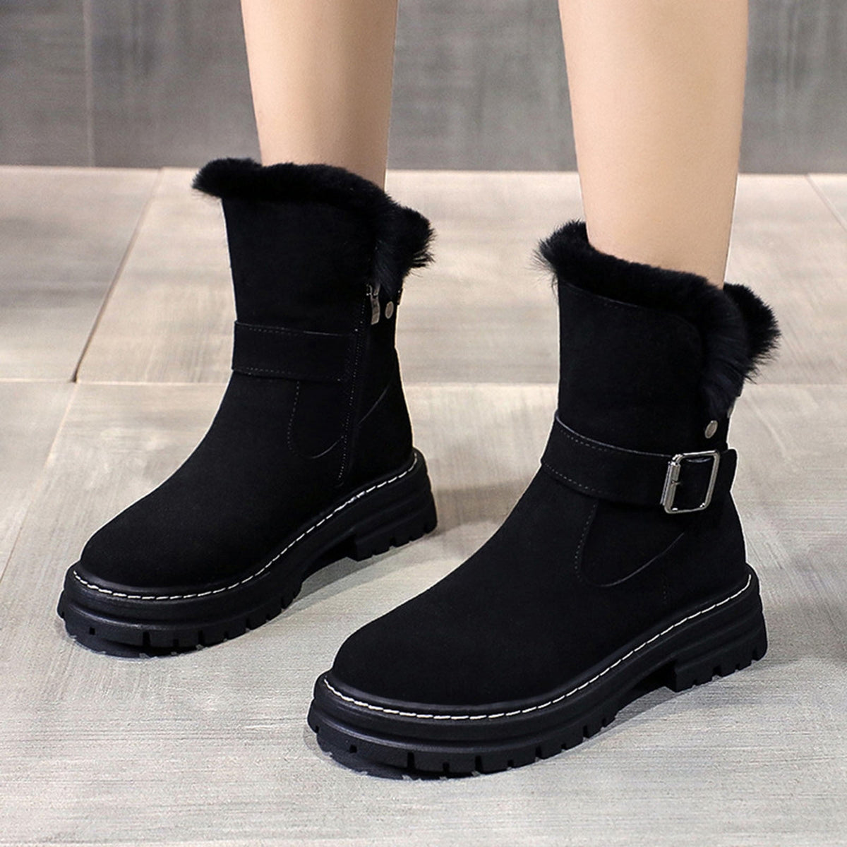 hopeusnice Women's Winter Boots Suede Buckle Ankle Booties Fuzzy Fleece Lined Warm Shoes Snow Boots Black 35