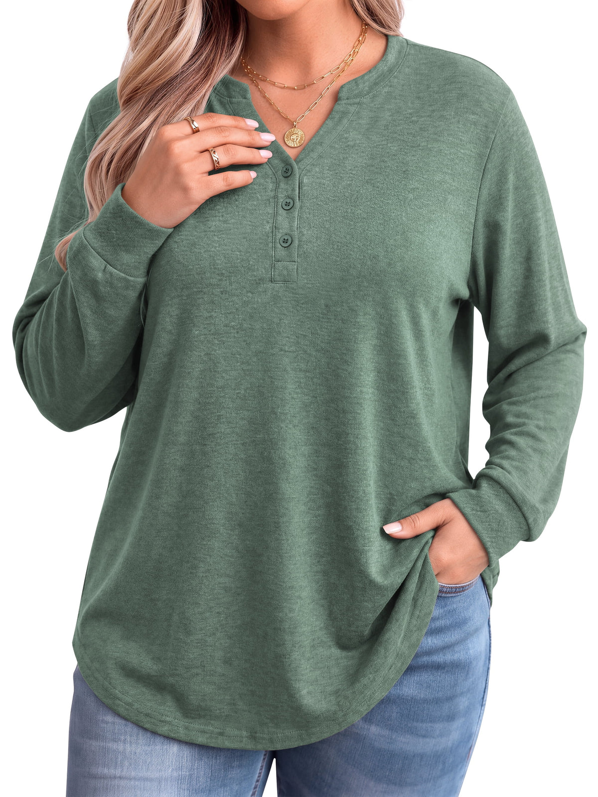 WellSize Plus Size Blouses for Women Henley V Neck Tops Casual Long Sleeve Button Shirts Fall Pullover Outfit