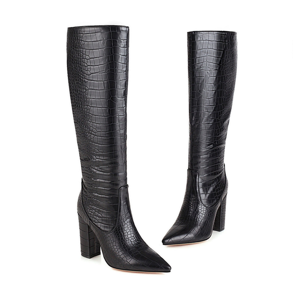 Women's Knee High Boots Pointed Toe Chunky Heel Leather Boots Fall Winter Warm Comfortable Fashion Boots Yellow 44