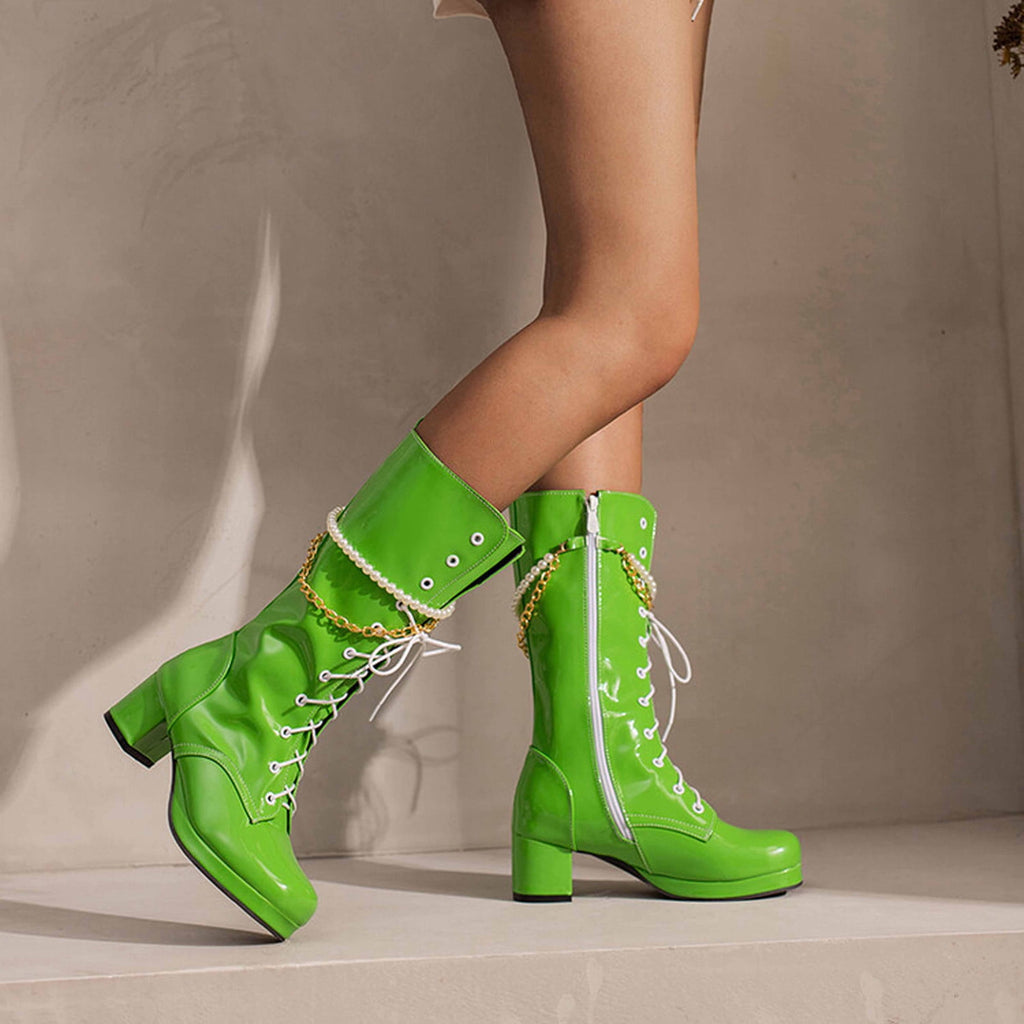 hopeusnice Knee High Boots for Women Mid Calf Boots Chunky Block Heels Buckle Lace Up Boots Stylish Fall Winter Shoes Orange 36