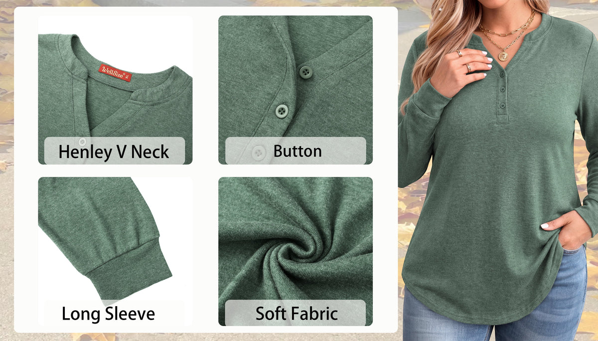 WellSize Plus Size Blouses for Women Henley V Neck Tops Casual Long Sleeve Button Shirts Fall Pullover Outfit