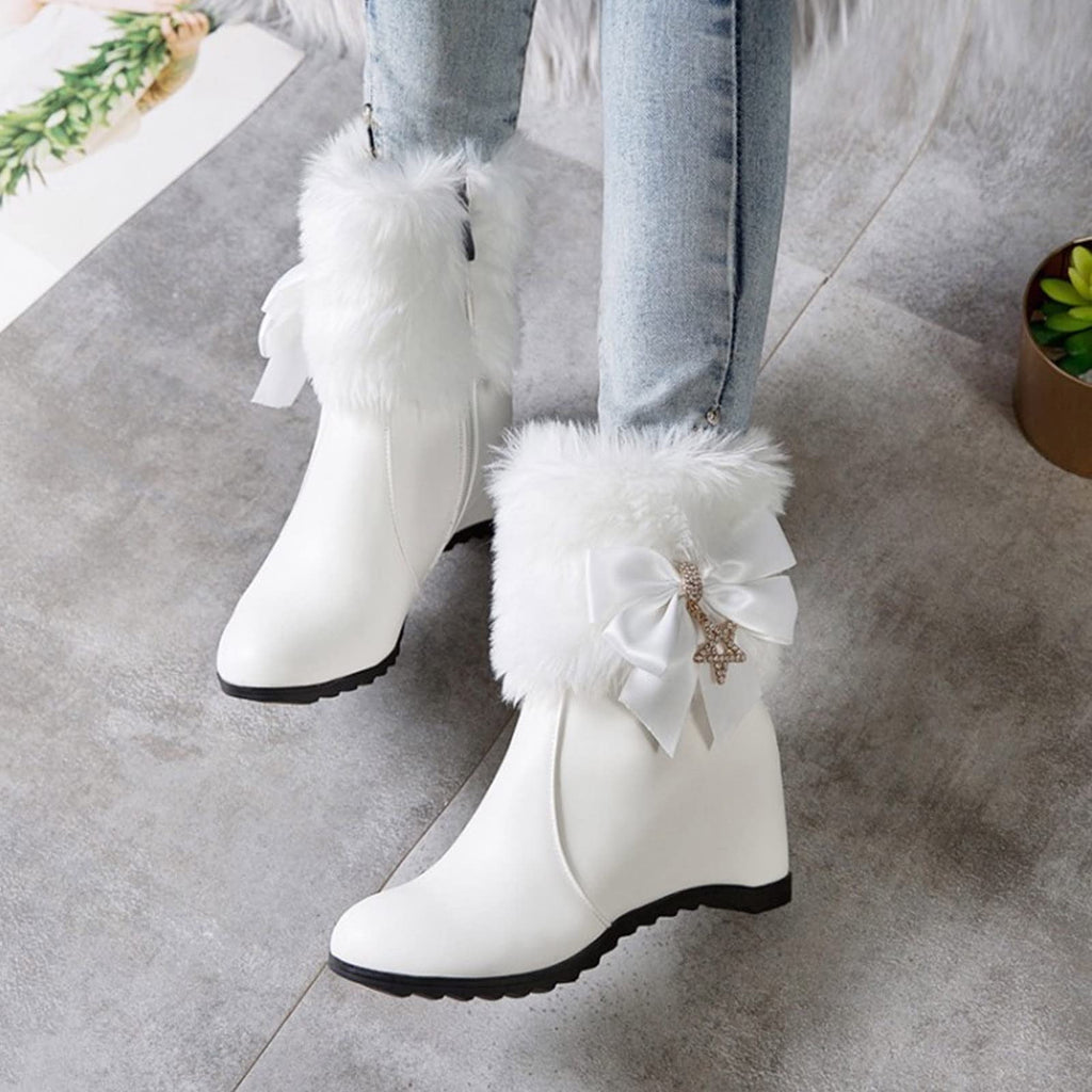 Women Winter Warm Hidden Wedge Snow Booties Leather Cute Bowknot Rhinestones Fuzzy Fleece Lined Thickening Side Zipper Ankle Boots White 39