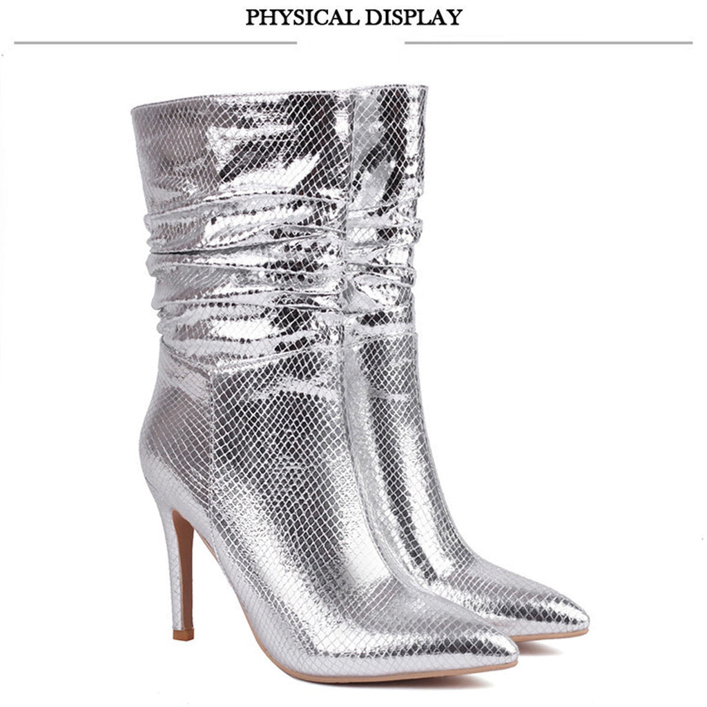 hopeusnice Women's Snake Print Pointed Toe Stilettos Heel Ankle Boots Mid Calf Pull on Green Shiny Faux Leather Party Boots Blue 35