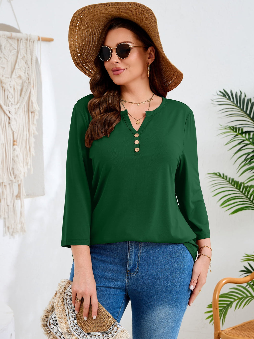 SHOWMALL Plus Size Tops for Women, 3/4 Sleeve Button V Neck Casual Tunic Blouse, Green, Size 4X