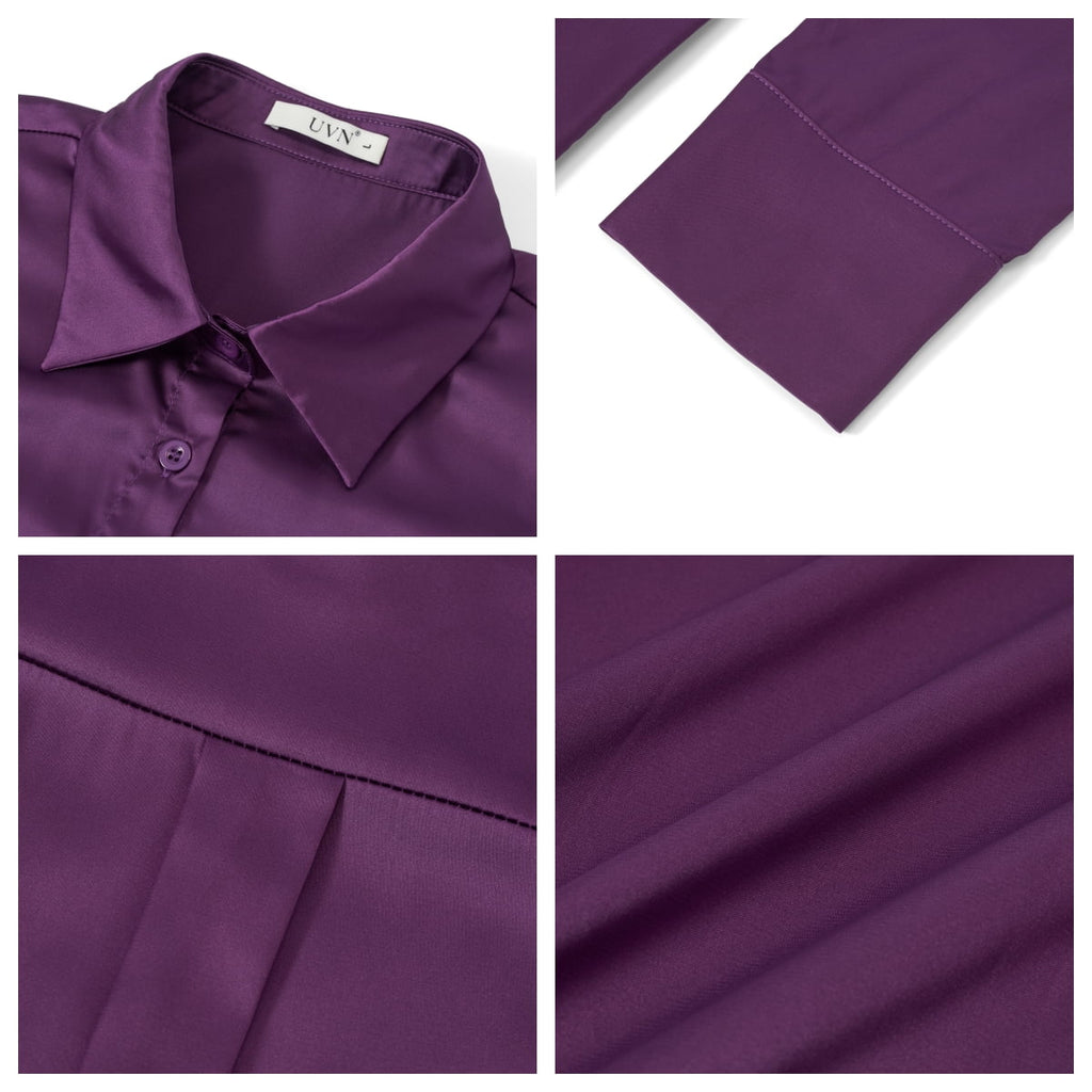 UVN Blouses for Women Long Sleeve Satin Shirts Button Down Ladies Casual Top