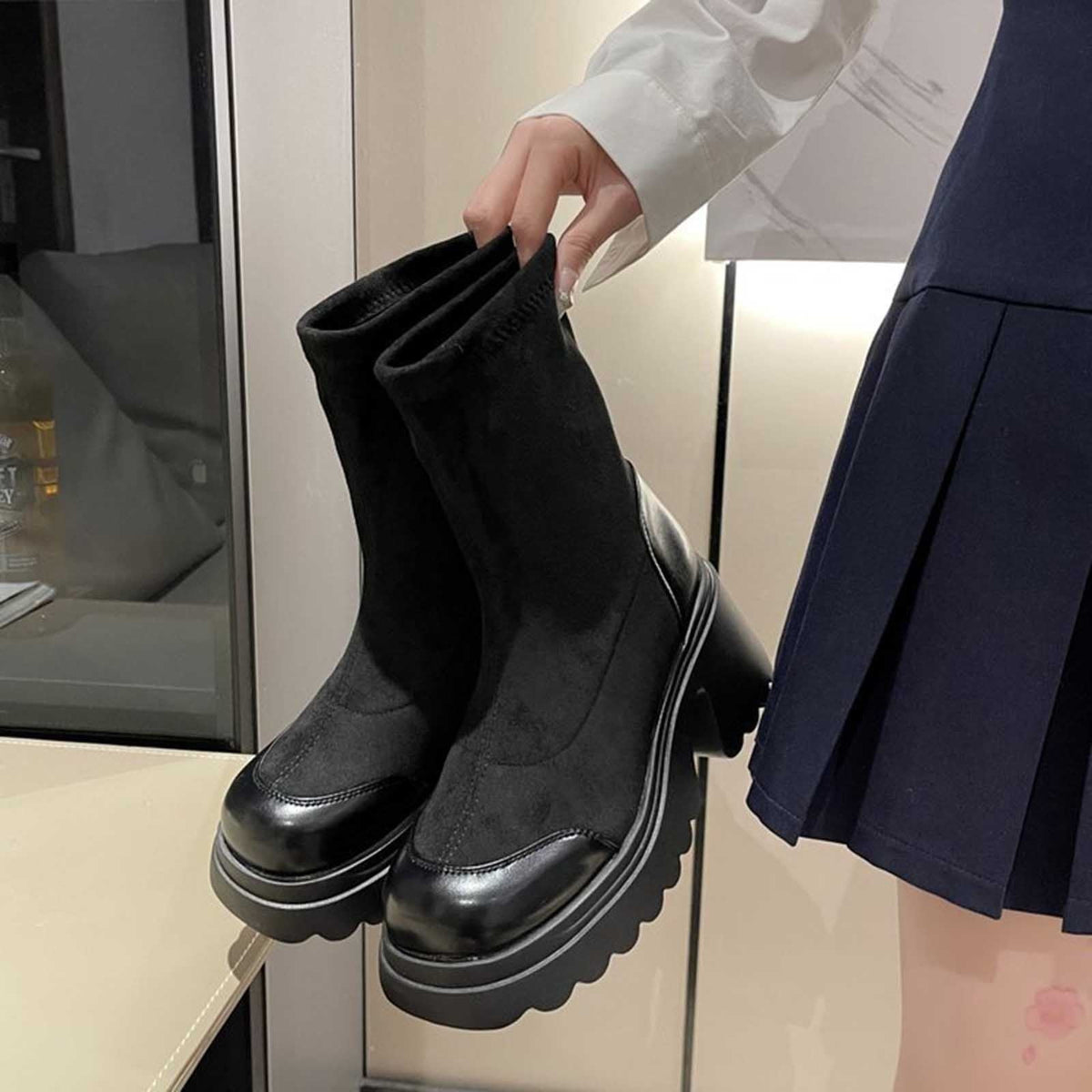 hopeusnice Women's Ankle Boots Chunky Heel Winter Warm Booties Suede Sock Boots Outdoor Fashion Shoes Winter Warm Boots Black 41