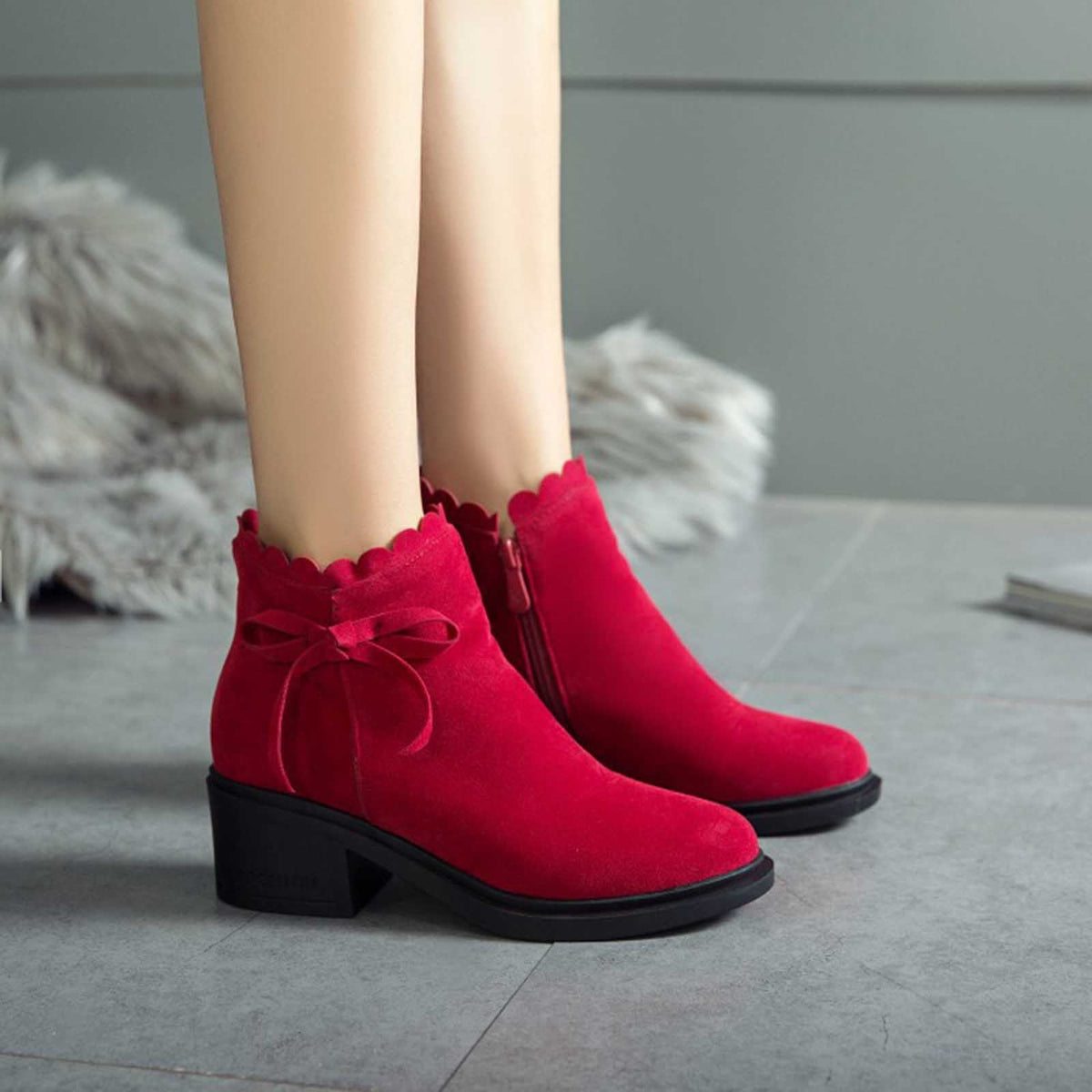 hopeusnice Women's Ankle Boots Suede Bowknot Block Heel Booties Round Toe Zipper Back Short Boots Winter Warm Comfortable Shoes Red 35