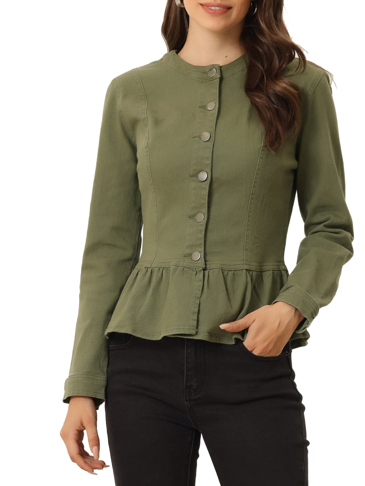 INSPIRE CHIC Women's Denim Jackets Button Down Peplum Hem Long Sleeves Cropped Jean Jackets White L