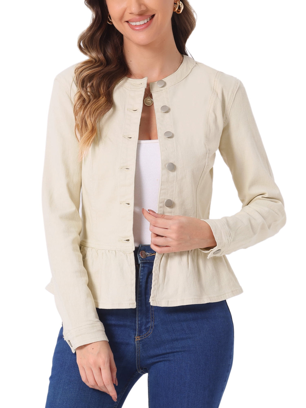 INSPIRE CHIC Women's Denim Jackets Button Down Peplum Hem Long Sleeves Cropped Jean Jackets White L
