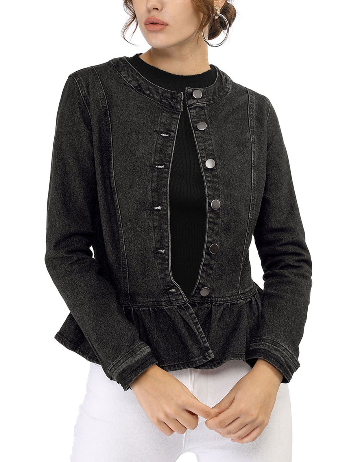 INSPIRE CHIC Women's Denim Jackets Button Down Peplum Hem Long Sleeves Cropped Jean Jackets White L