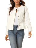 INSPIRE CHIC Women's Denim Jackets Button Down Peplum Hem Long Sleeves Cropped Jean Jackets White L