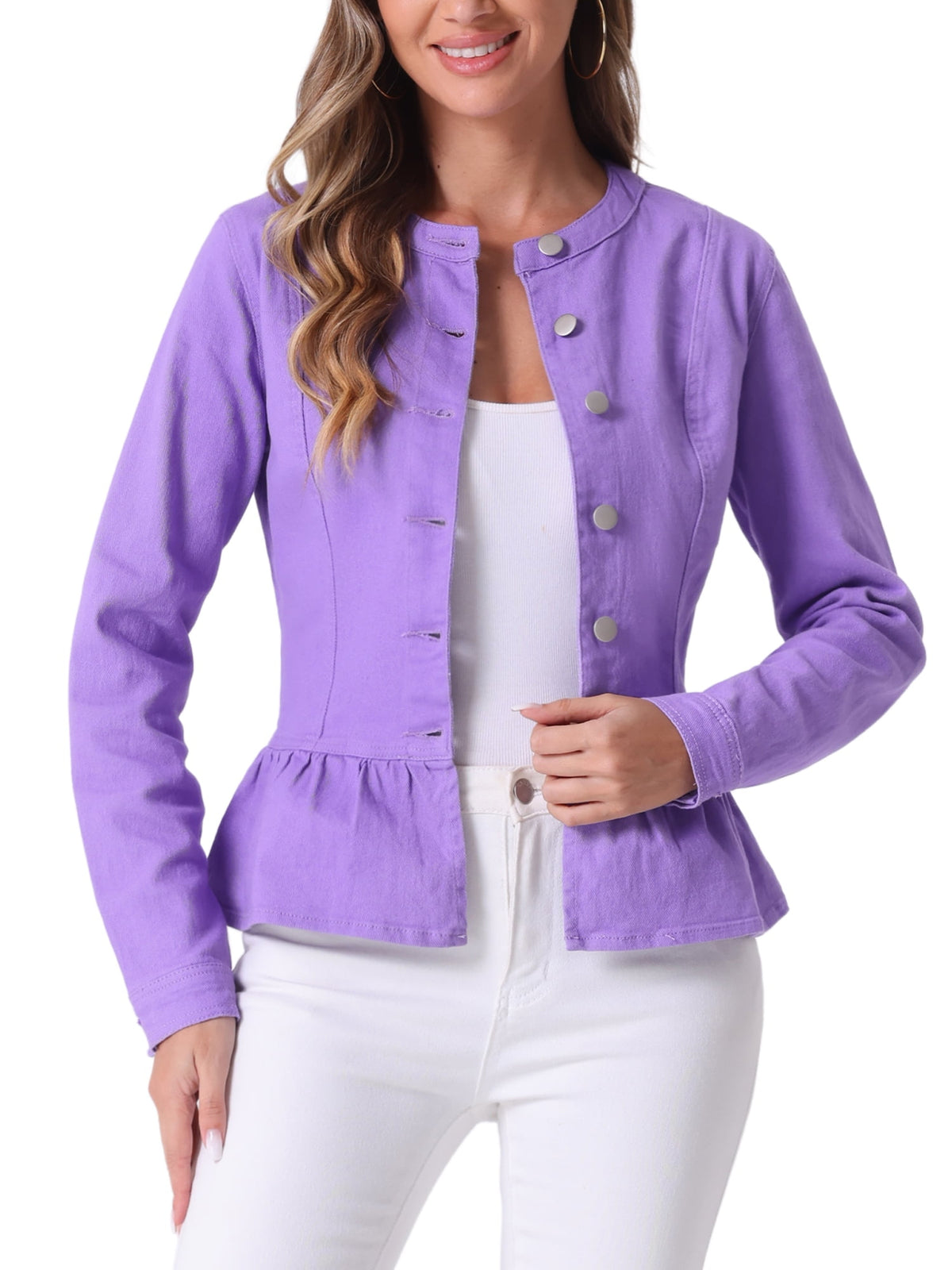 INSPIRE CHIC Women's Denim Jackets Button Down Peplum Hem Long Sleeves Cropped Jean Jackets White L