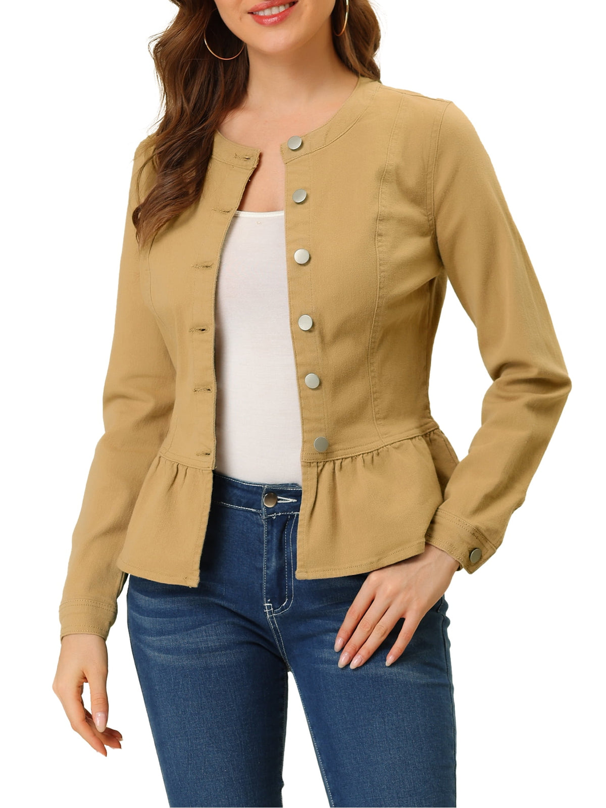 INSPIRE CHIC Women's Denim Jackets Button Down Peplum Hem Long Sleeves Cropped Jean Jackets White L