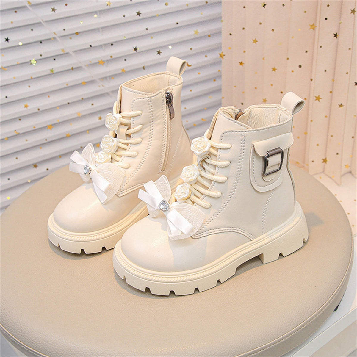 BXJX Girls Ankle Boots with Zipper, Bow Fall Winter Soft Sole Slip-Resistant Lace Up Boots Beige Size 13.5 Little Kids