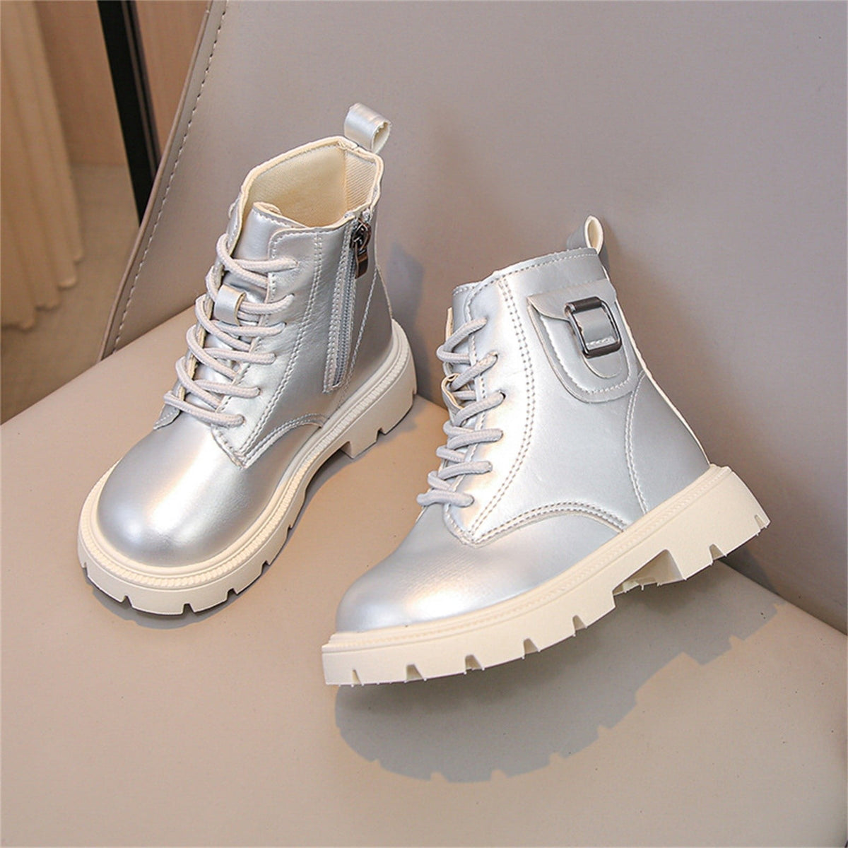 BXJX Girls Ankle Boots with Zipper, Outdoor Fall Winter Soft Sole Non-Slip Lace Up Boots Silver Size 12.5 Little Kids