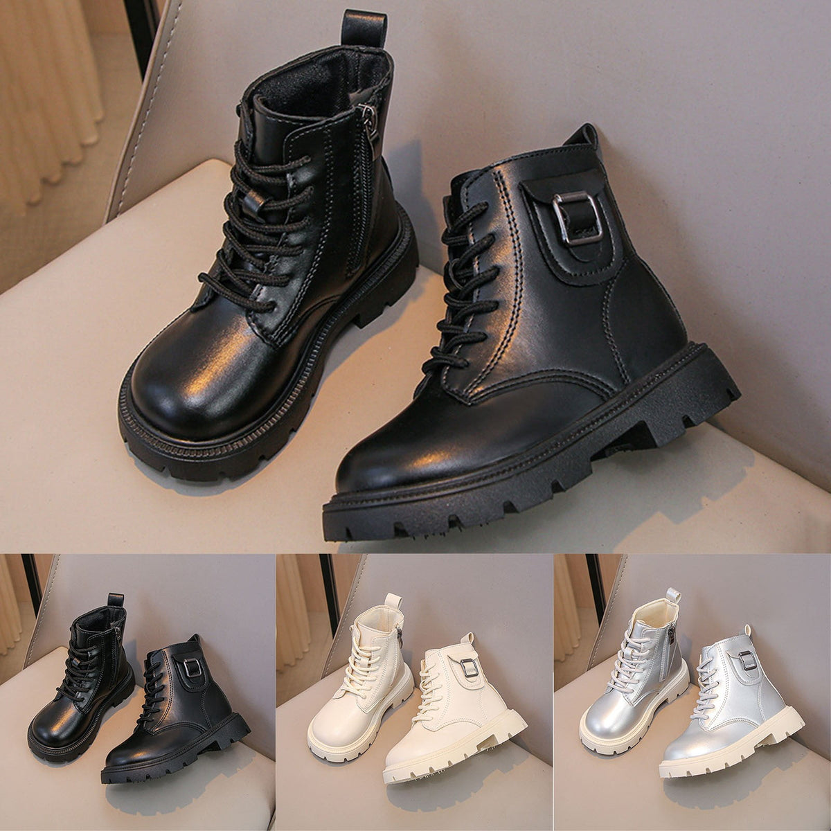 BXJX Girls Ankle Boots with Zipper, Outdoor Fall Winter Soft Sole Non-Slip Lace Up Boots Silver Size 12.5 Little Kids
