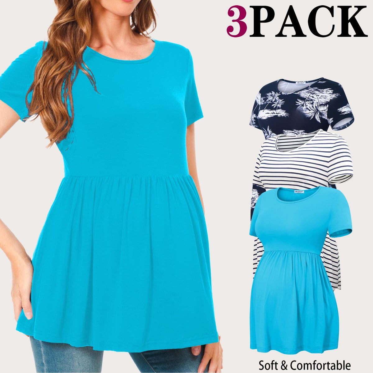 Bearsland Women's Short Sleeve Maternity Shirts Tops Pregnancy Clothes 3-Pack