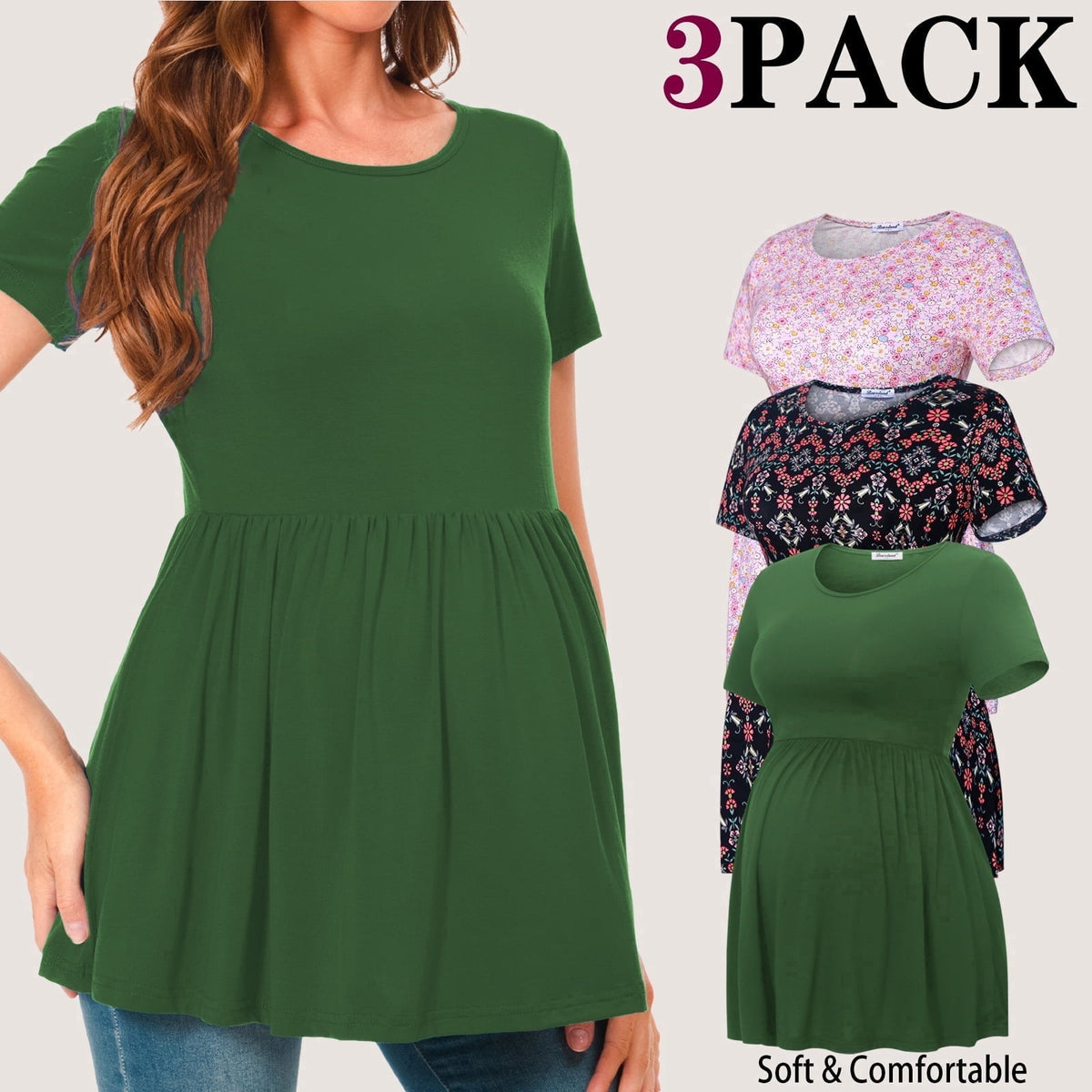 Bearsland Women's Short Sleeve Maternity Shirts Tops Pregnancy Clothes 3-Pack