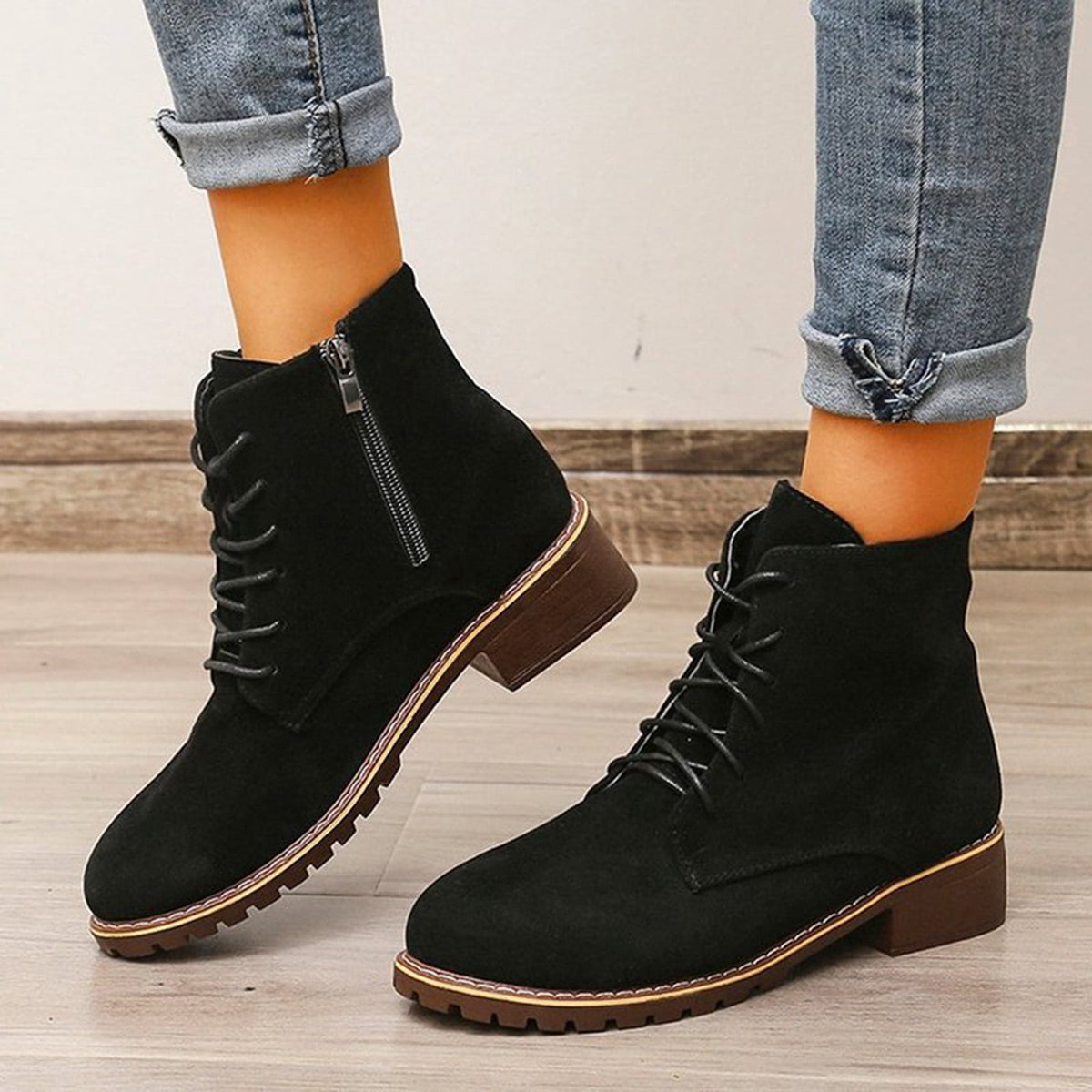 Bnwani Ankle Boots for Women Lace‑Up & Side Zipper Block Low Heel Round Toe Short Booties Black 38(US:6.5)