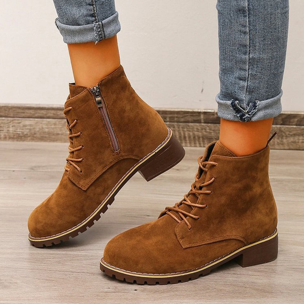 Bnwani Ankle Boots for Women Lace‑Up & Side Zipper Block Low Heel Round Toe Short Booties Black 38(US:6.5)