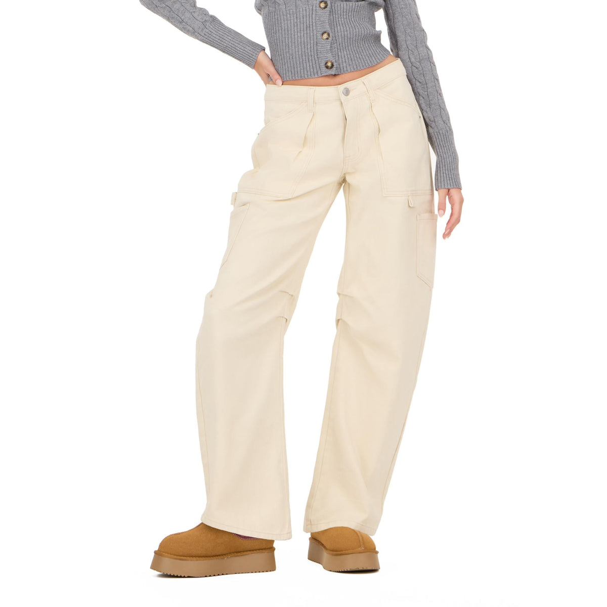 Forever 21 Women's Blue Barrel-Leg Cargo Jeans, Wide Barrel Silhouette for Everyday Casual Wear, Sizes 10