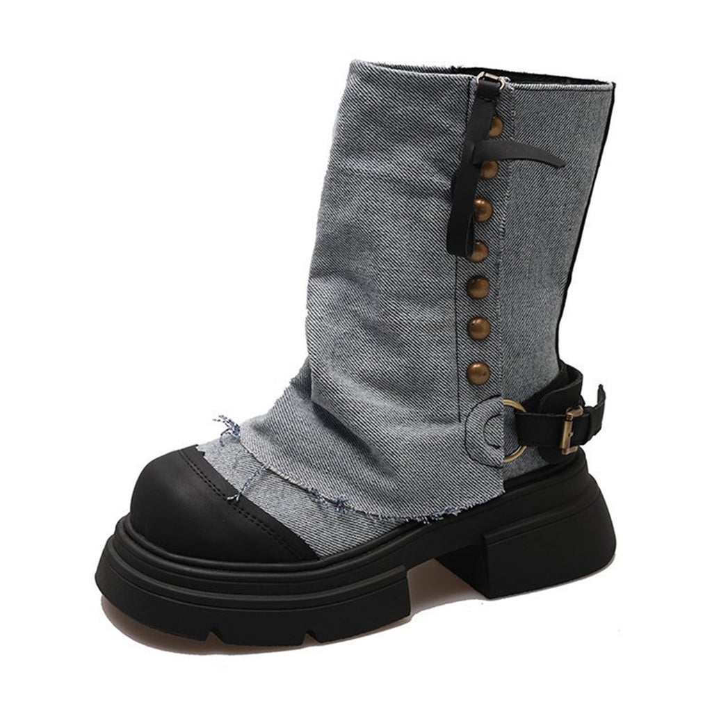 Hvyesh Fold Over Denim Boots for Women Sole Chunky Thick Soled Heel Booties Goth Punk Combat Zipper Mid Calf Booties Round Toe Dress Shoes,Boots for Women