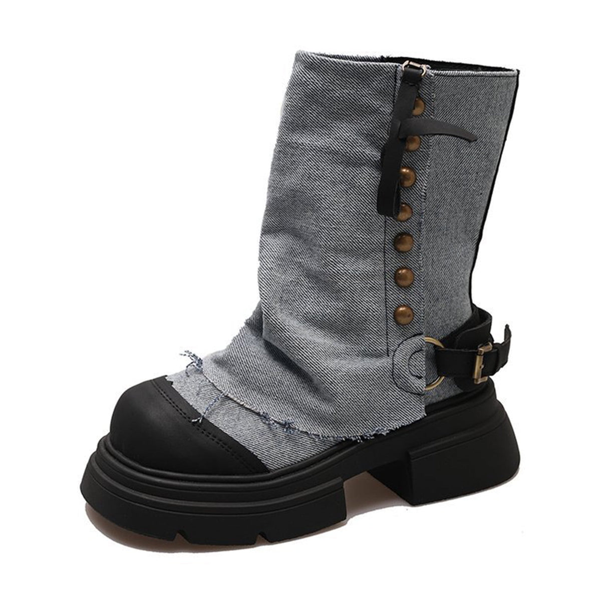 Hvyesh Fold Over Denim Boots for Women Sole Chunky Thick Soled Heel Booties Goth Punk Combat Zipper Mid Calf Booties Round Toe Dress Shoes,Boots for Women