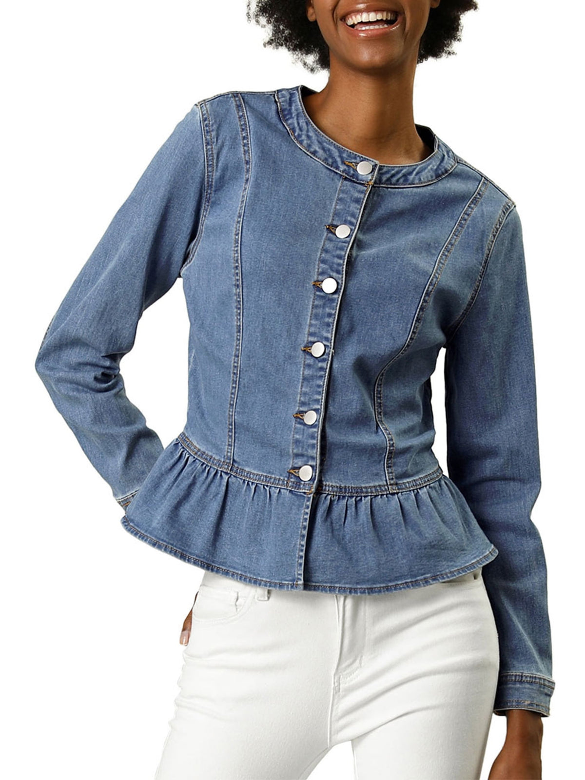 INSPIRE CHIC Women's Denim Jackets Button Down Peplum Hem Long Sleeves Cropped Jean Jackets White L
