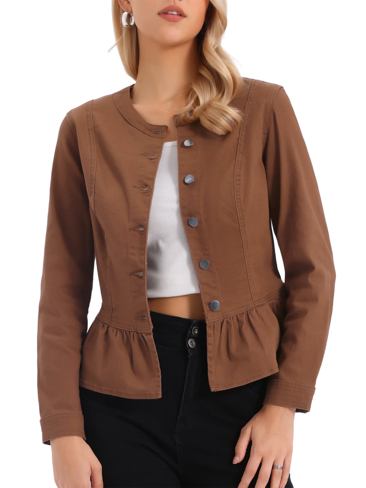 INSPIRE CHIC Women's Denim Jackets Button Down Peplum Hem Long Sleeves Cropped Jean Jackets White L