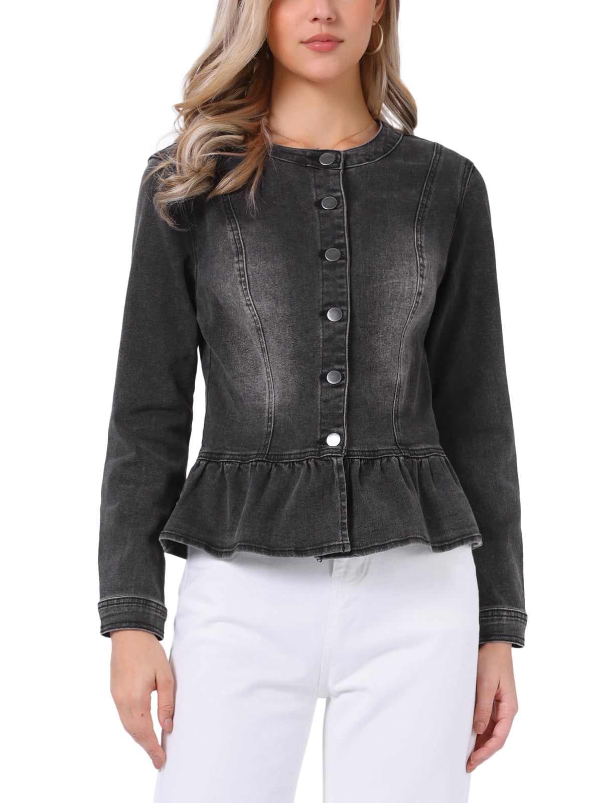 INSPIRE CHIC Women's Denim Jackets Button Down Peplum Hem Long Sleeves Cropped Jean Jackets White L