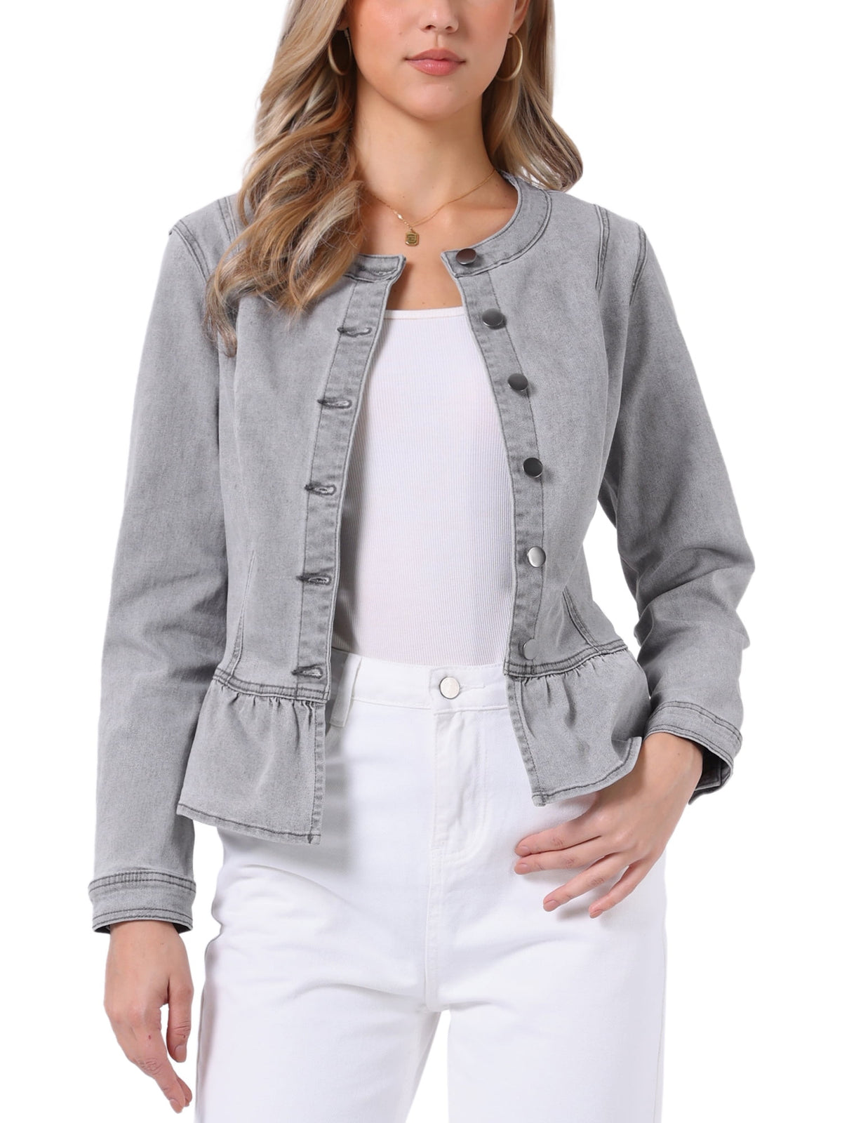 INSPIRE CHIC Women's Denim Jackets Button Down Peplum Hem Long Sleeves Cropped Jean Jackets White L