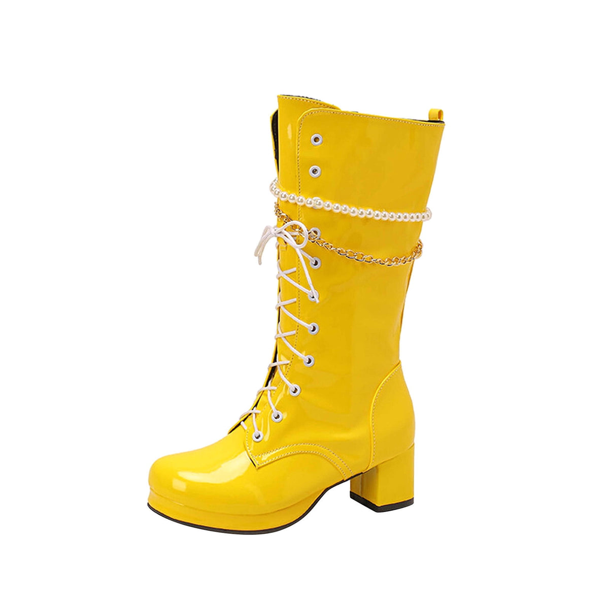 hopeusnice Knee High Boots for Women Mid Calf Boots Chunky Block Heels Buckle Lace Up Boots Stylish Fall Winter Shoes Orange 36