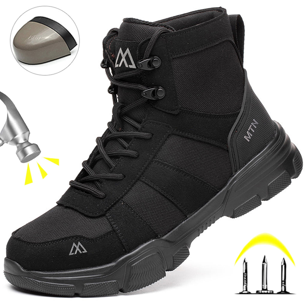 XQJ Men's Steel Toe Work Boots, Comfortable Lightweight Industrial Construction Shoes, Durable High Top Safety Boots - Black - Size 6