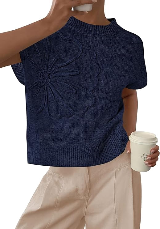 PRETTYGARDEN Women's Spring Sweater Vest Trendy Flower Knit Short Sleeve Cute Pullover Tank Tops Summer Fashion Clothing