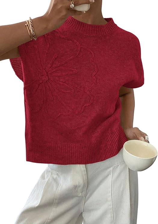 PRETTYGARDEN Women's Spring Sweater Vest Trendy Flower Knit Short Sleeve Cute Pullover Tank Tops Summer Fashion Clothing