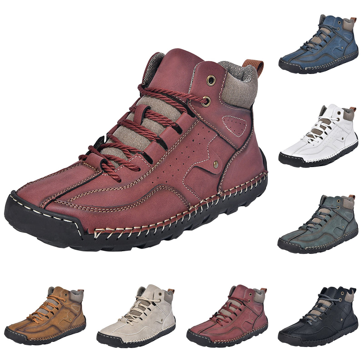 RotHome Men's Casual Outdoor Chukka Boots Hand-Stitched Leather High Top Walking Shoes with Non-Slip Rubber Sole for Daily Work and Travel, Wine, Size 6