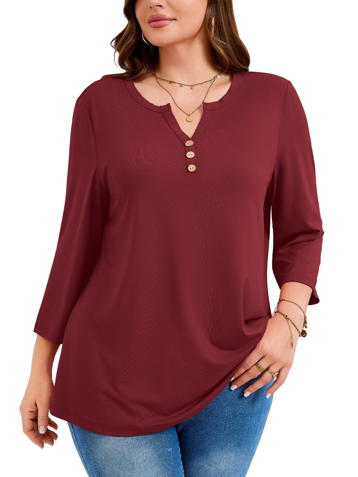 SHOWMALL Plus Size Tops for Women, 3/4 Sleeve Button V Neck Casual Tunic Blouse, Green, Size 4X