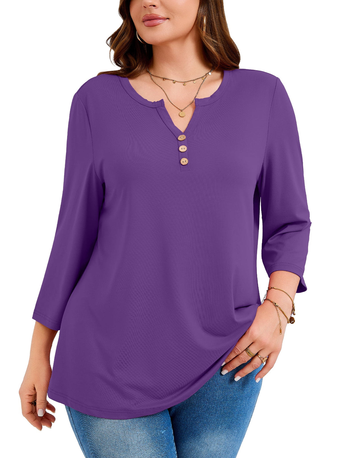 SHOWMALL Plus Size Tops for Women, 3/4 Sleeve Button V Neck Casual Tunic Blouse, Green, Size 4X