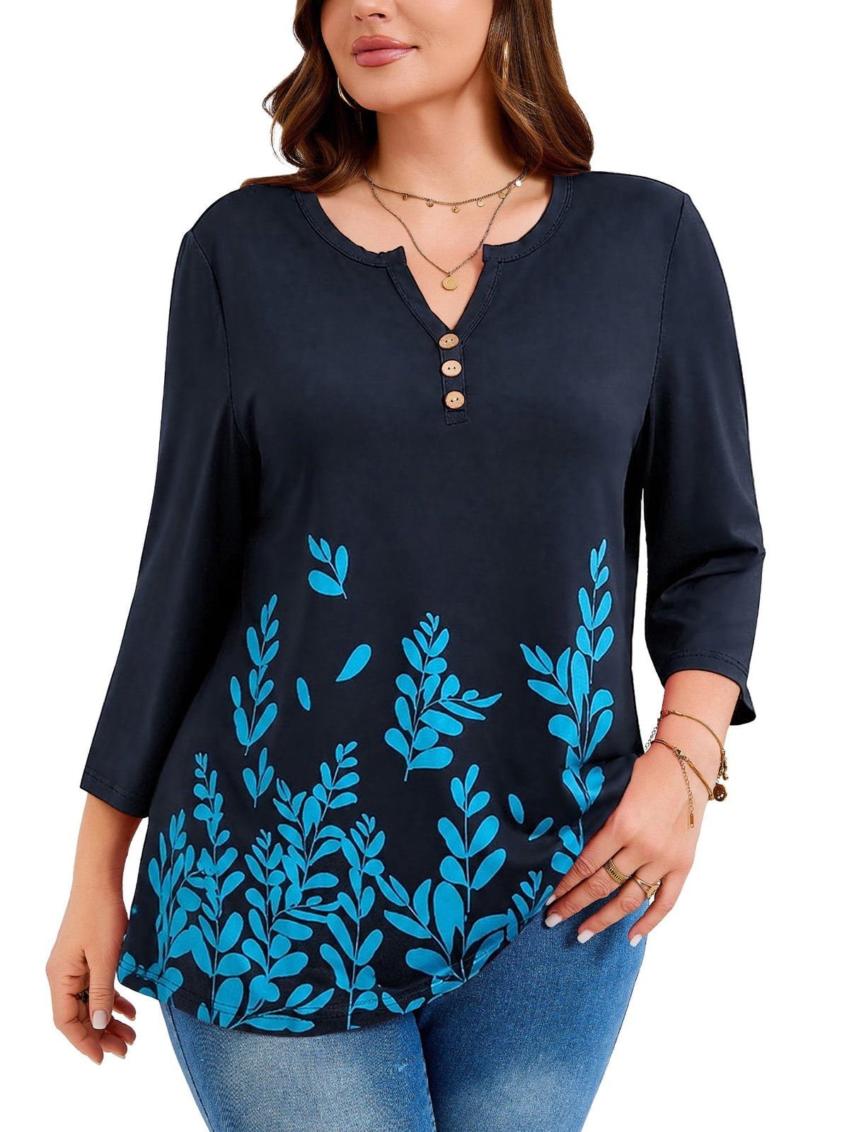 SHOWMALL Plus Size Tops for Women, 3/4 Sleeve Button V Neck Casual Tunic Blouse, Green, Size 4X