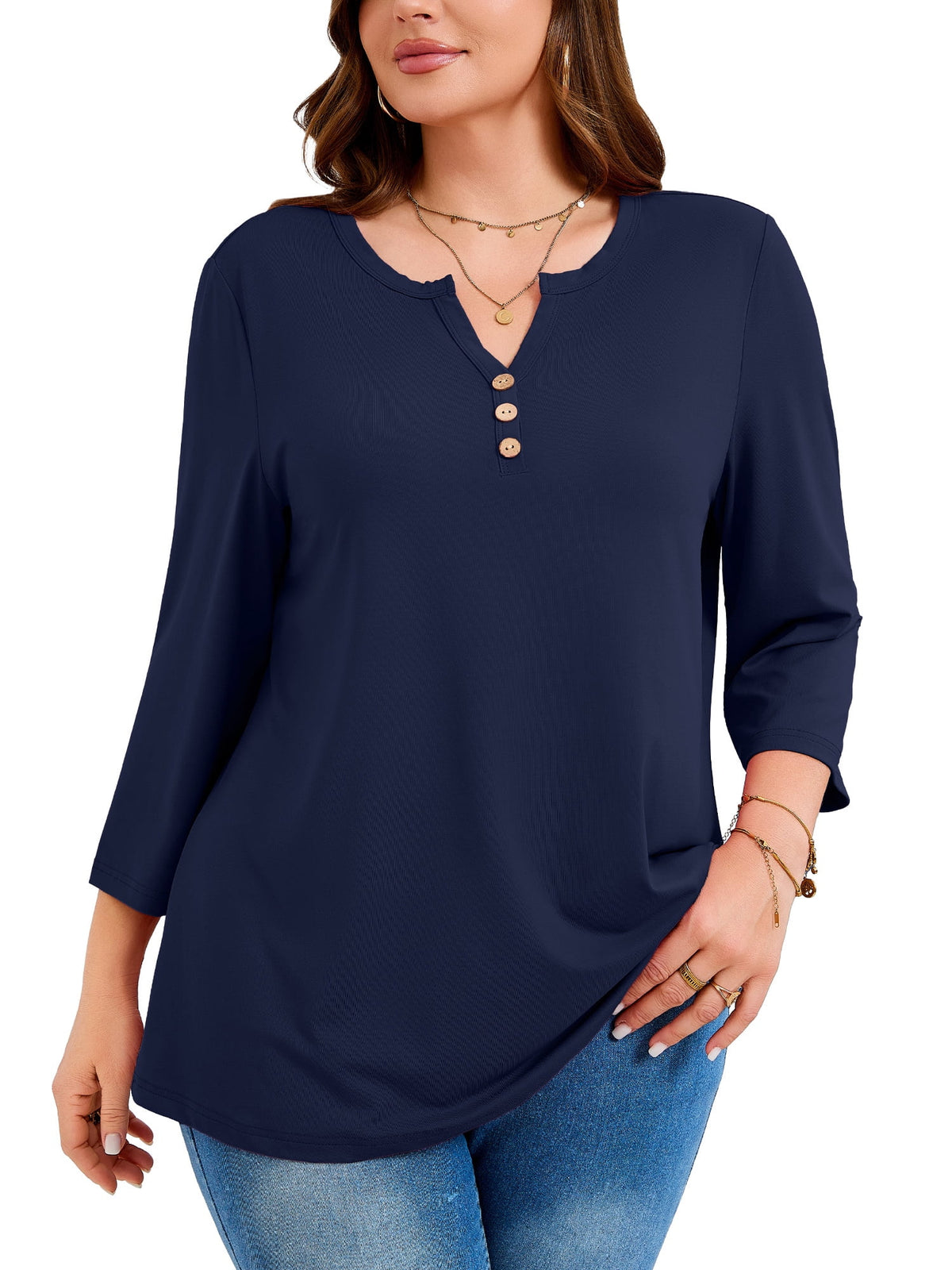 SHOWMALL Plus Size Tops for Women, 3/4 Sleeve Button V Neck Casual Tunic Blouse, Green, Size 4X