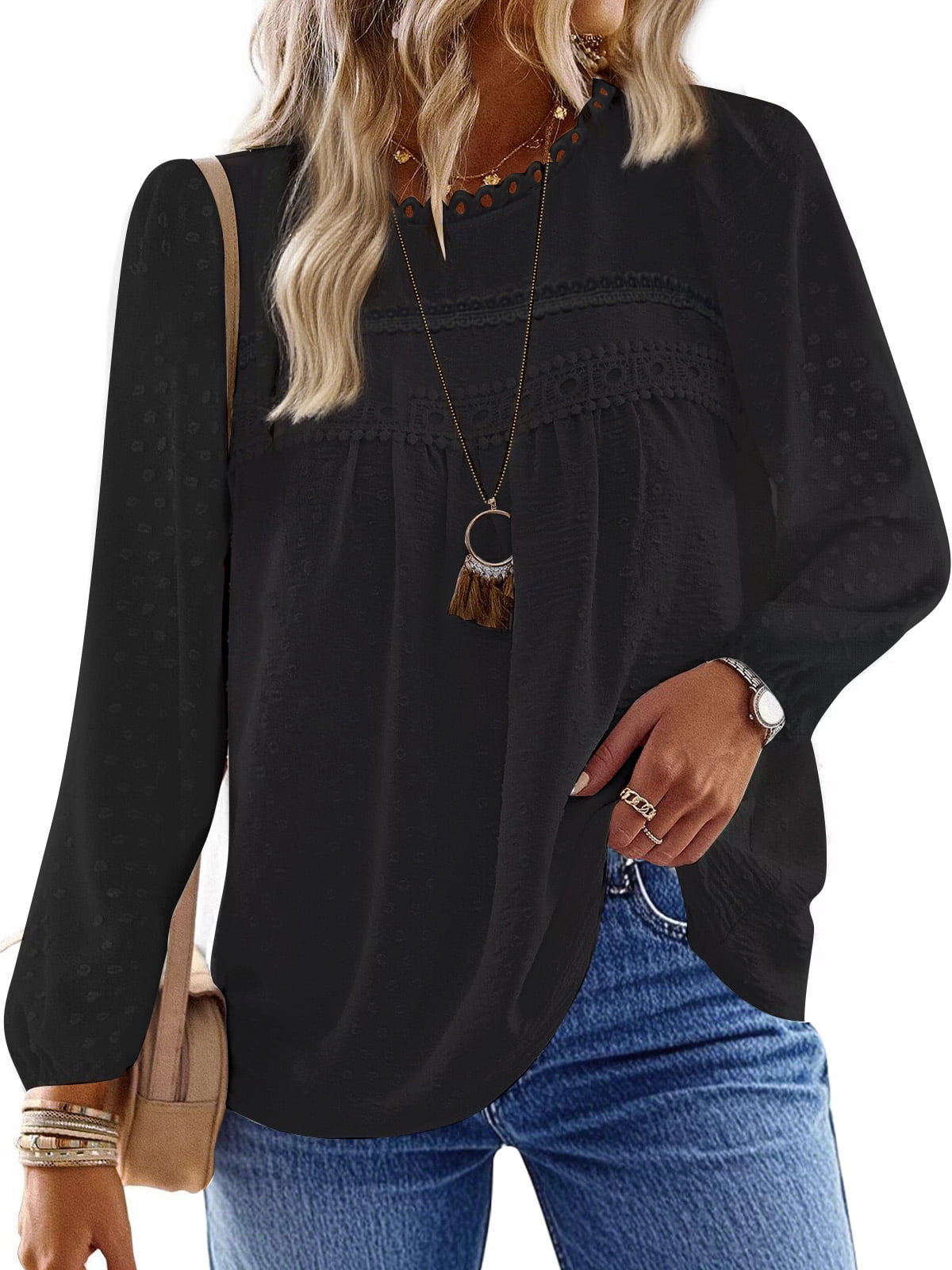 UVN Fall Shirts for Women Long Sleeve Blouses Ladies Crewneck Lace Crochet Tops Dressy Chiffon Blouses