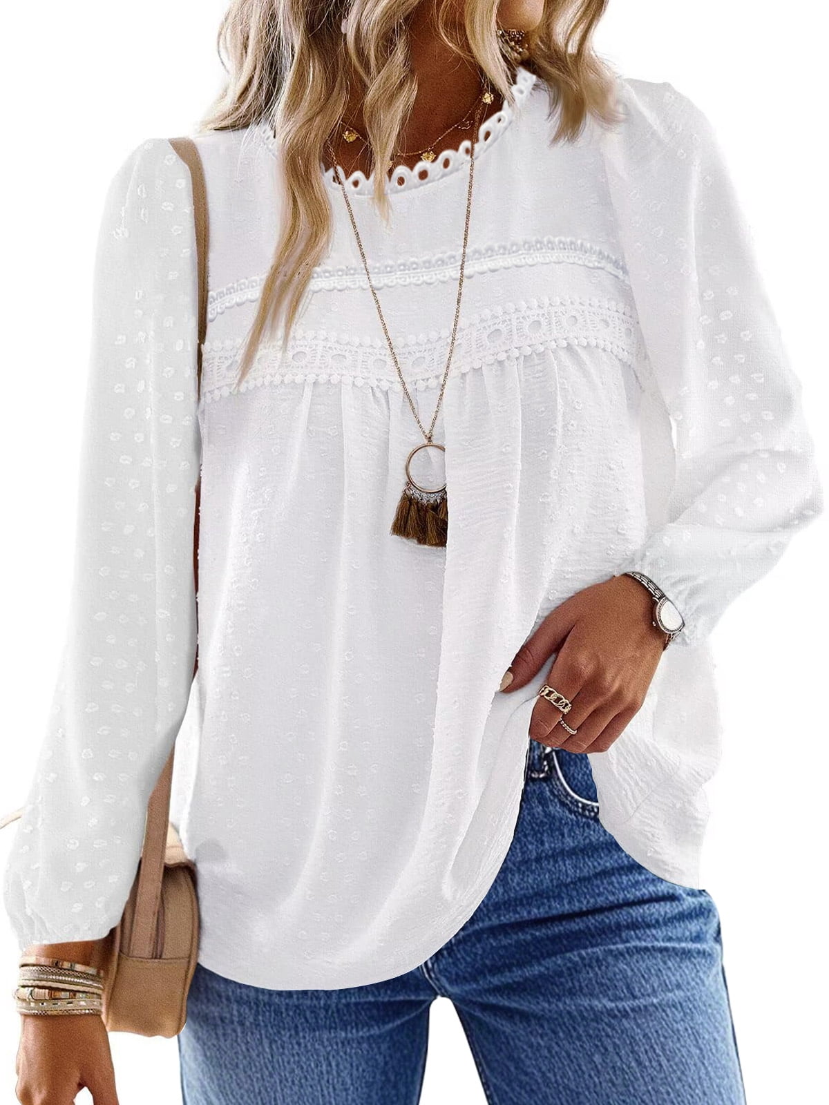 UVN Fall Shirts for Women Long Sleeve Blouses Ladies Crewneck Lace Crochet Tops Dressy Chiffon Blouses