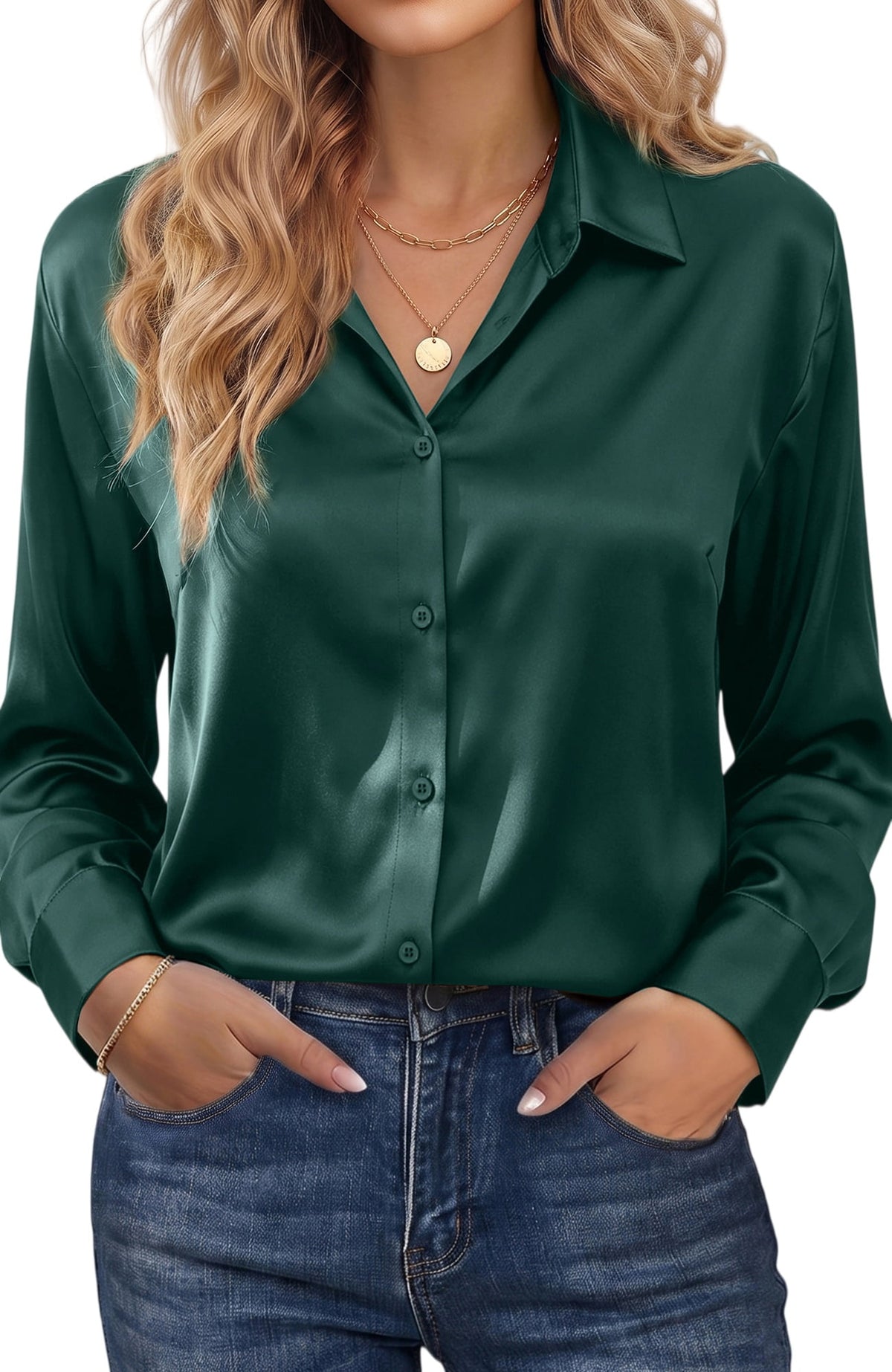 UVN Blouses for Women Long Sleeve Satin Shirts Button Down Ladies Casual Top