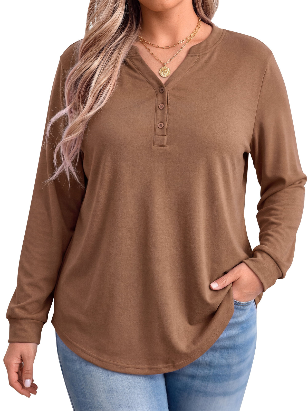 WellSize Plus Size Blouses for Women Henley V Neck Tops Casual Long Sleeve Button Shirts Fall Pullover Outfit