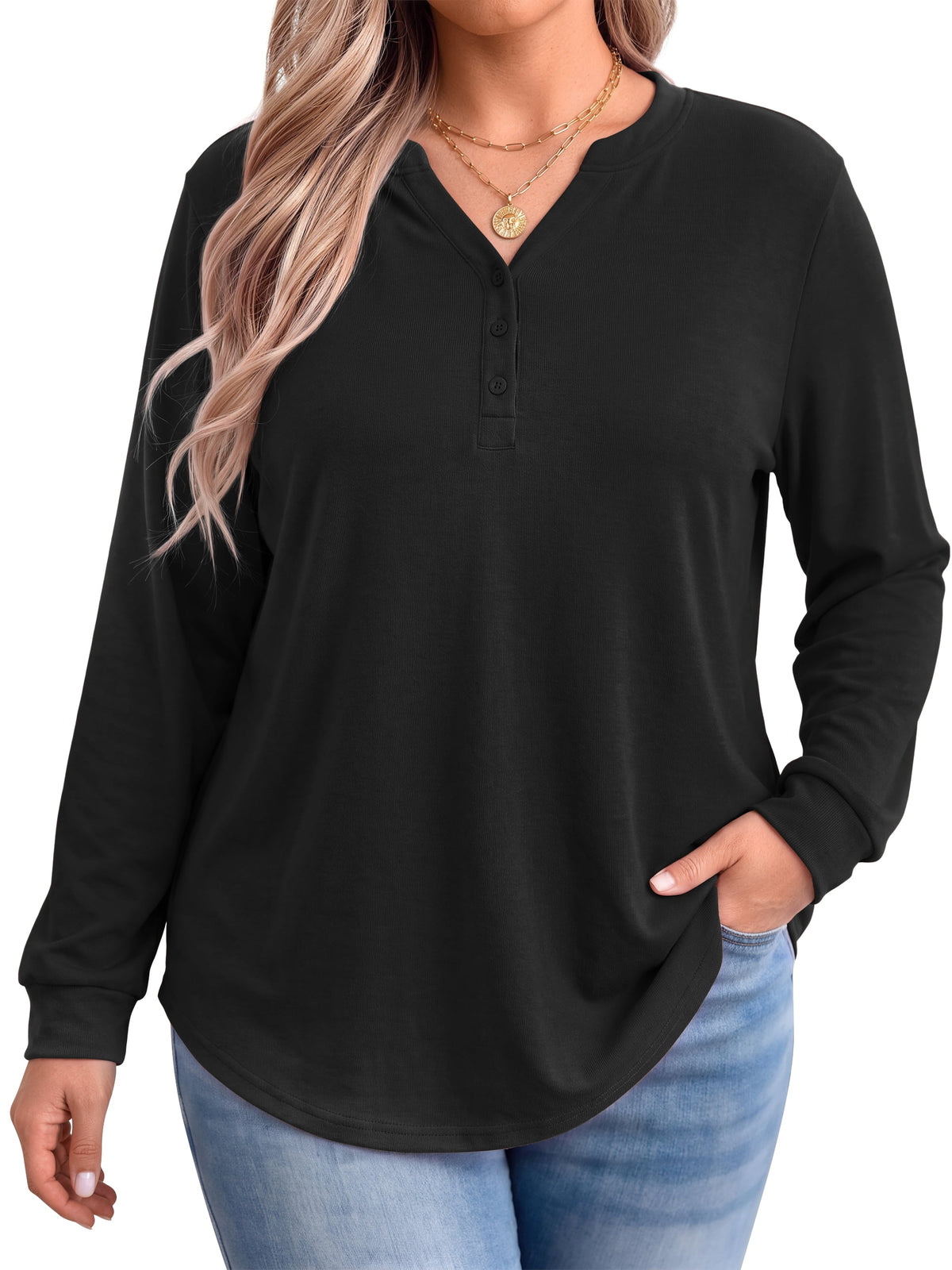 WellSize Plus Size Blouses for Women Henley V Neck Tops Casual Long Sleeve Button Shirts Fall Pullover Outfit