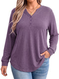 WellSize Plus Size Blouses for Women Henley V Neck Tops Casual Long Sleeve Button Shirts Fall Pullover Outfit