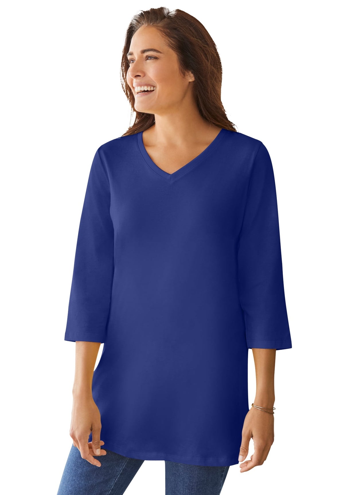 Woman Within Plus Size Perfect Three-Quarter Sleeve V-Neck Tunic