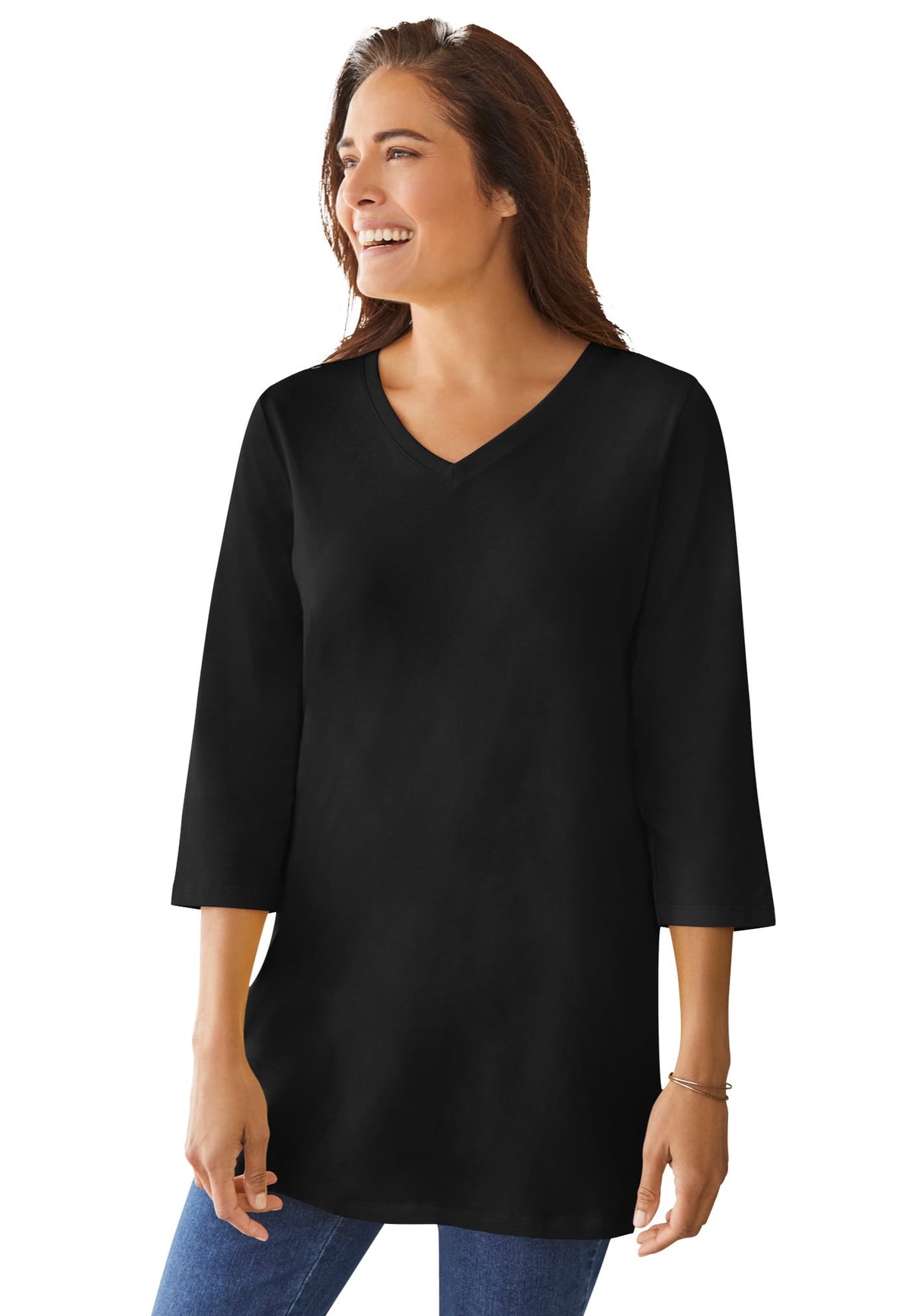 Woman Within Plus Size Perfect Three-Quarter Sleeve V-Neck Tunic