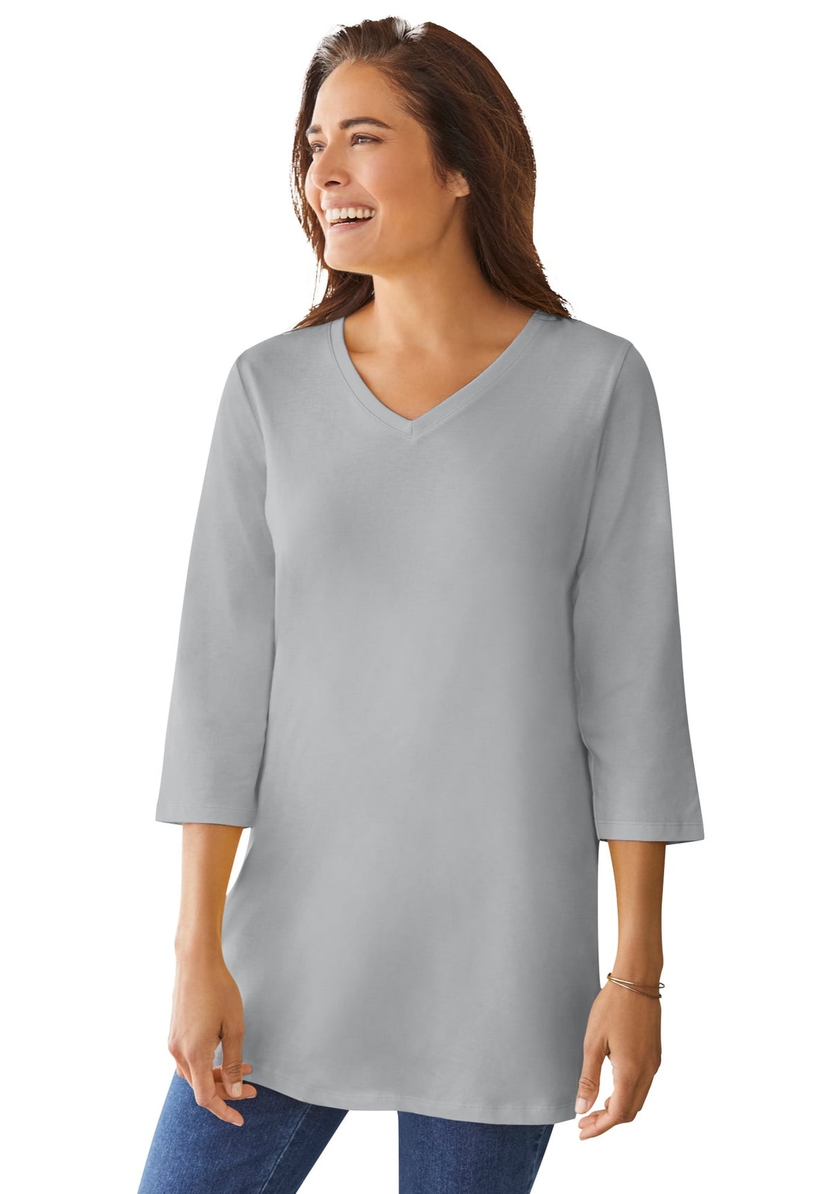 Woman Within Plus Size Perfect Three-Quarter Sleeve V-Neck Tunic