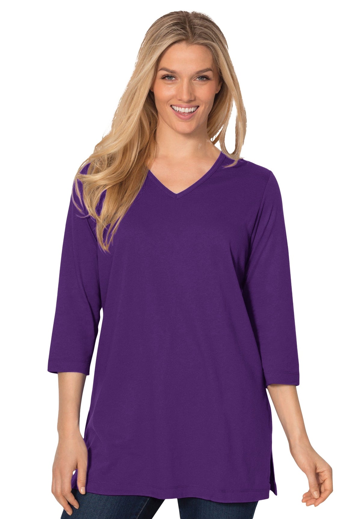 Woman Within Plus Size Perfect Three-Quarter Sleeve V-Neck Tunic